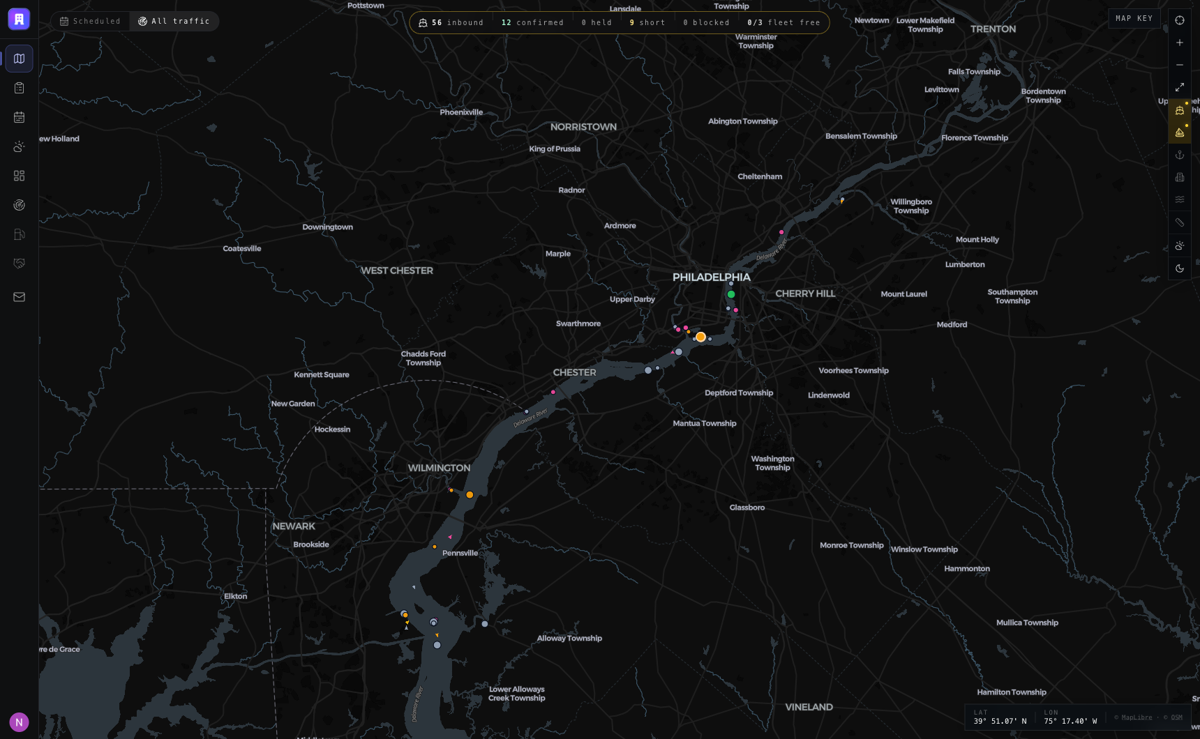 The Sidonia dispatch console: live AIS traffic on the Delaware River from Trenton to the bay, with the day's inbound jobs and fleet status in the dispatch HUD